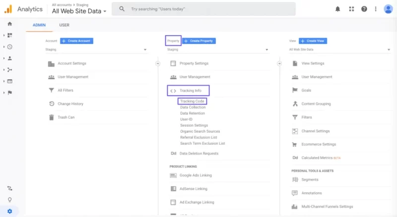 访问属性信息下的Google Analytics跟踪代码